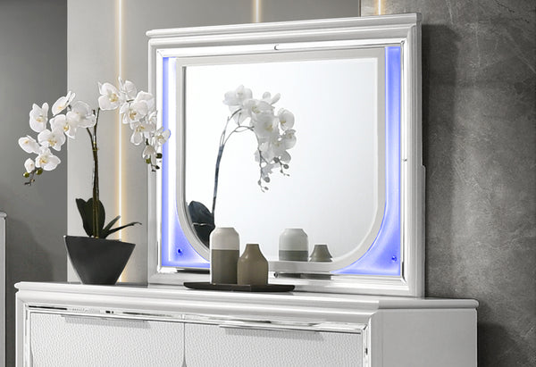 English Elm Tarian Pearl White Mirror with LED Lighting, 34"x26" Modern Elegant Inlay Trim, Durable Wood Blend Finish B2726P269293