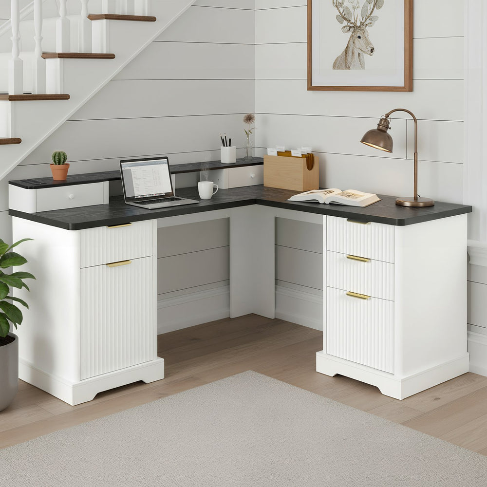 English Elm 59" Fluted Oak L-shaped Corner Desk with Charging Station Monitor Stand and File Storage White W2917S00004