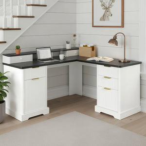 English Elm 59" Fluted Oak L-shaped Corner Desk with Charging Station Monitor Stand and File Storage White W2917S00004