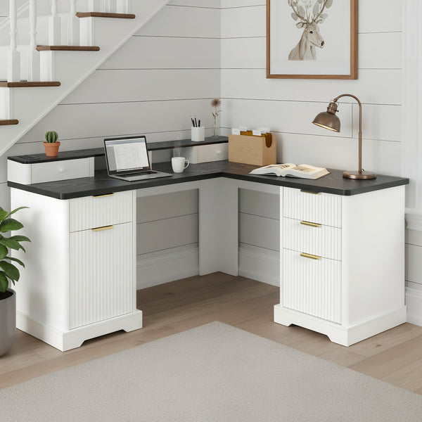 English Elm 59" Fluted Oak L-shaped Corner Desk with Charging Station Monitor Stand and File Storage White W2917S00004