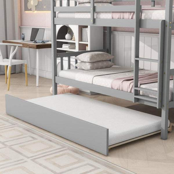 English Elm Twin Over Twin Bunk Bed With Trundle - Stylish Grey Rubberwood, Convertible, Safe & Space-Saving! W504S00156-GIGA