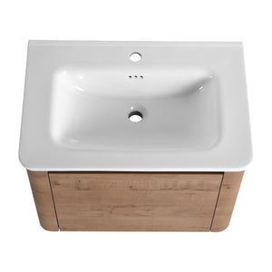 English Elm 52'' Wall-Mounted Vanity with White Ceramic Sink, Soft-Close Door, Plywood Shelves & Rounded Edges Imitative Oak W999S00431