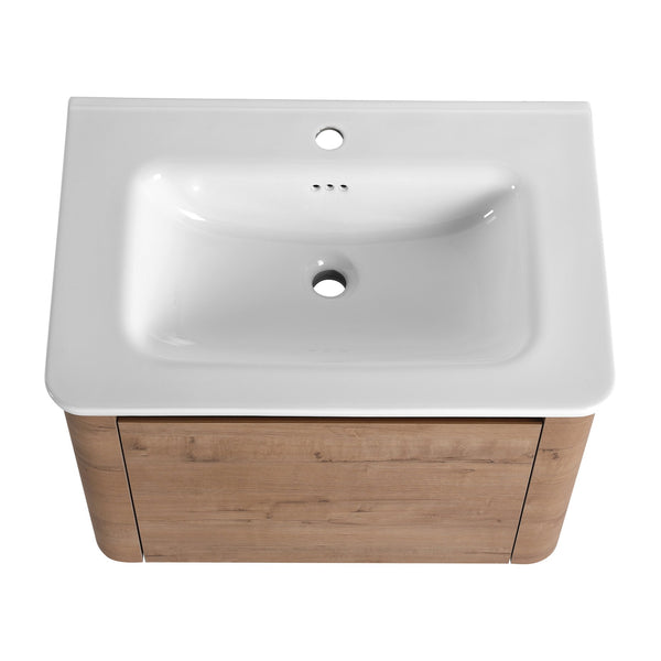 English Elm 52'' Wall-Mounted Vanity with White Ceramic Sink, Soft-Close Door, Plywood Shelves & Rounded Edges Imitative Oak W999S00431