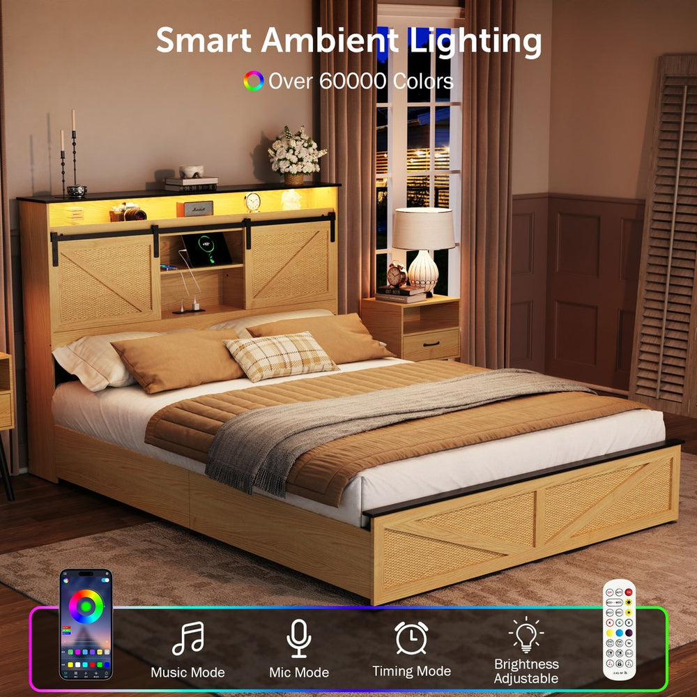 English Elm Farmhouse Queen Bed Frame With Storage Headboard, Usb Charging, Led Lights & Under-Bed Drawers W1550P343684