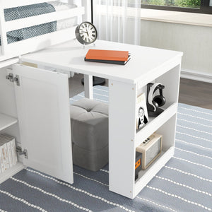 English Elm Twin Loft Bed Rubberwood Frame Pull Out Desk Storage Cabinet and Shelf Kids Room White W504S00288