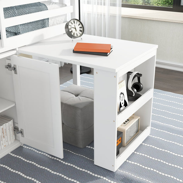 English Elm Twin Loft Bed Rubberwood Frame Pull Out Desk Storage Cabinet and Shelf Kids Room White W504S00288