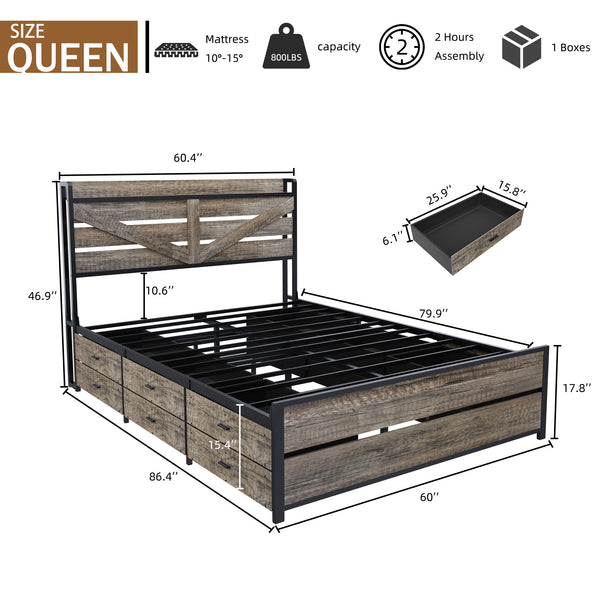 English Elm Queen Storage Bed with 12 Drawers Bookcase Headboard and Built-in Charging Station W636P325852