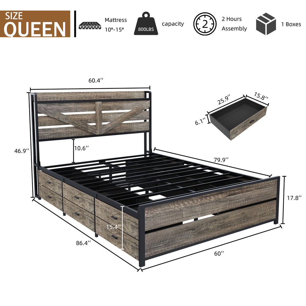 English Elm Queen Metal Platform Bed with 12 Storage Drawers Bookcase Headboard and Rgb Lighting W636S00008