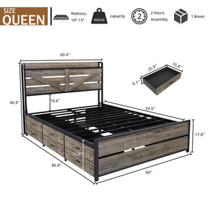 English Elm Queen Metal Platform Bed with 12 Storage Drawers Bookcase Headboard and Rgb Lighting W636S00008