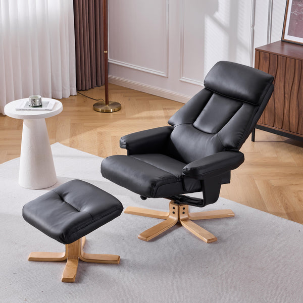 English Elm Black Pu Leather Swivel Accent Chair with Ottoman Heated Massage Wood Base Lounge W3248P465018