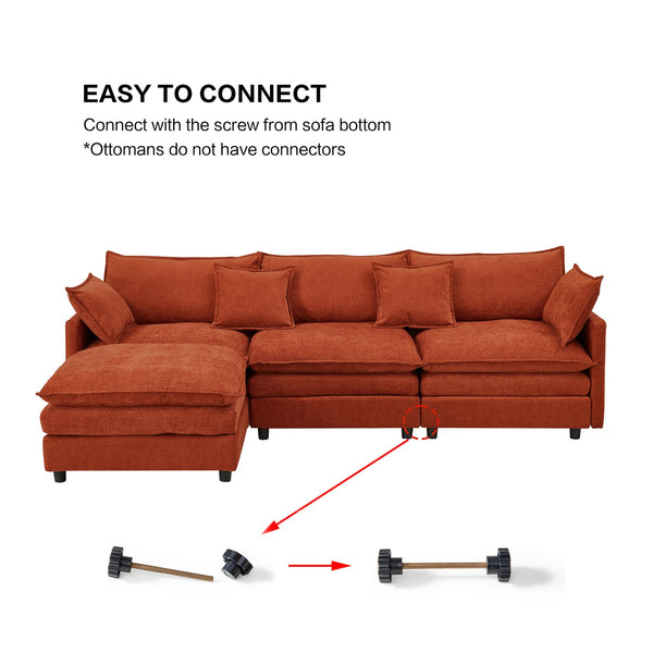 English Elm 105" L-shaped Chenille Sectional with Ottoman Pocket Spring Living Room Sofa Dark Orange W1097S00289