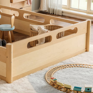 English Elm Queen Low Profile Floor Bed Pine Wood Frame Japandi Minimalist Bedroom Design Natural W1580P438796