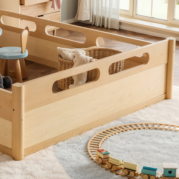 English Elm Queen Low Profile Floor Bed Pine Wood Frame Japandi Minimalist Bedroom Design Natural W1580P438796