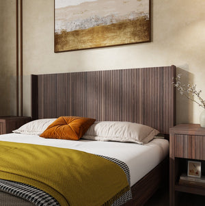 English Elm Wood Fluted Wingback Queen Headboard Wall Mounted Walnut Farmhouse Bedroom Accent W3520P327613