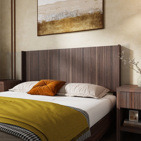 English Elm Wood Fluted Wingback Queen Headboard Wall Mounted Walnut Farmhouse Bedroom Accent W3520P327613