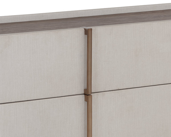 Sunpan Jamille Dresser - Elegant Cream Faux Leather with Brown Oak Top, 6 Soft-Close Drawers & Brass Base