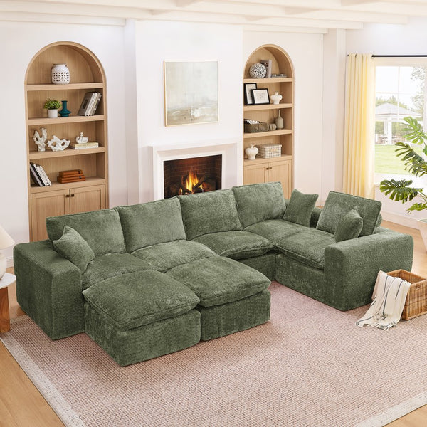 English Elm 107'' Boucle Modular Sectional with Reversible Chaise and Two Ottomans for Living Room Green W1413S00166