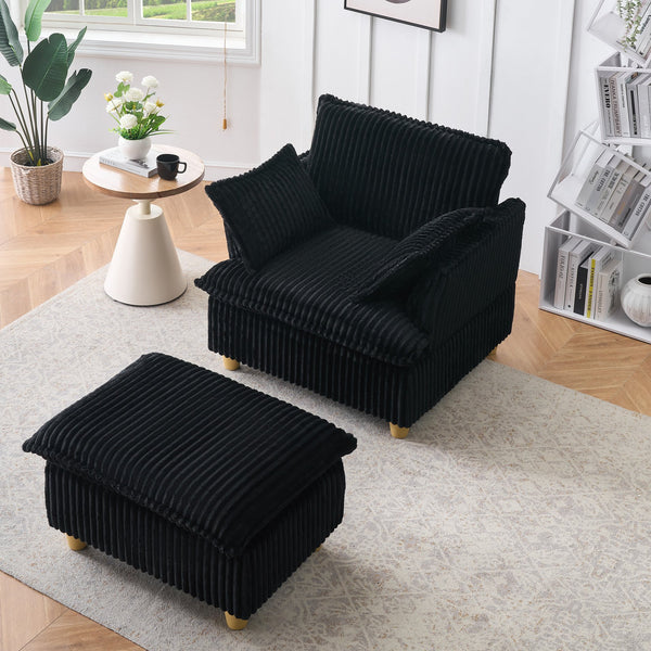 English Elm This single-seat corduroy sofa with ottoman and pillows — compact lounge chair for cozy reading nooks and naps Black W1658S00111