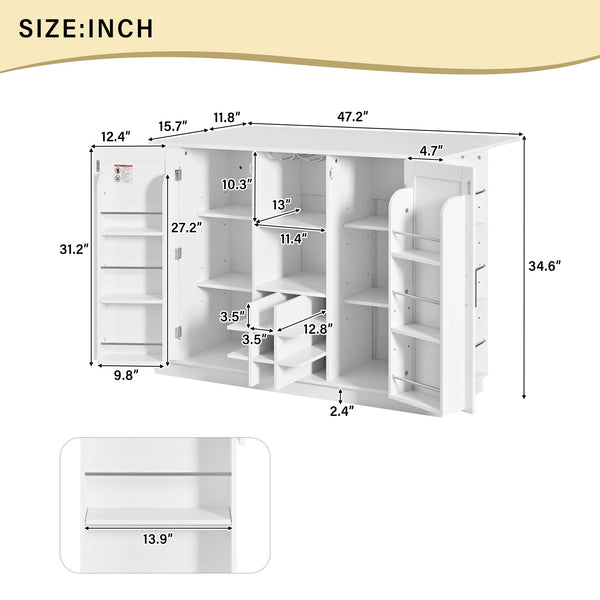 English Elm U_style Compact Kitchen Island with Drop Leaf Power Outlet Wine Rack Stemware Storage White N711P437715K