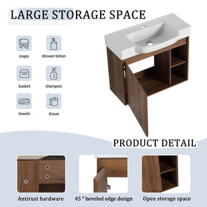 English Elm 28'' 28" Wall-Mounted Bathroom Vanity with White Ceramic Sink, Soft-Close Door, Open Shelves, KD-Pack W999P263409