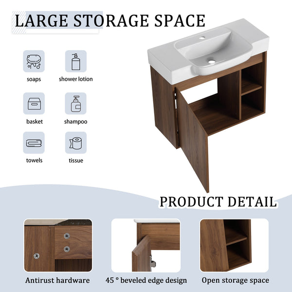 English Elm 28'' 28" Wall-Mounted Bathroom Vanity with White Ceramic Sink, Soft-Close Door, Open Shelves, KD-Pack W999P263409