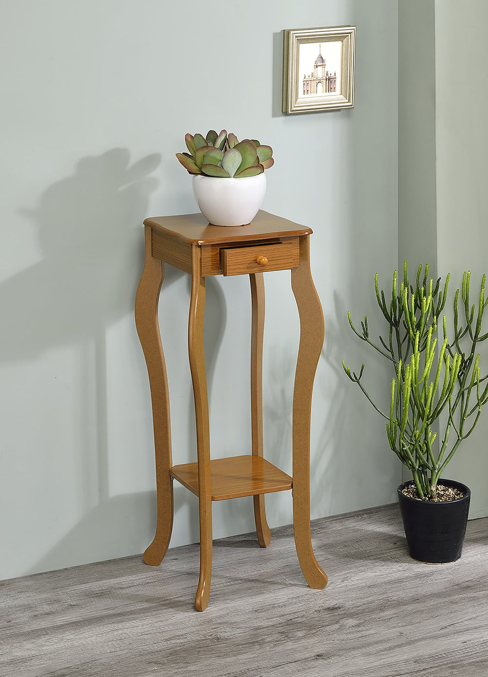English Elm 32.5" Wooden Flower Plant Stand with Drawer & Oak Finish — Versatile Plant Table for Home Decor, Storage B072P222458
