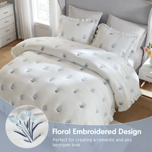 English Elm 3-piece Floral Embroidered Quilt Set Ruffled Trim Romantic Bedding for Full Queen Beds White+Blue B035P463190