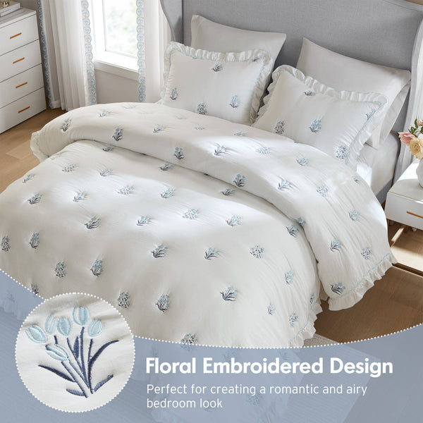English Elm 3-piece Floral Embroidered Quilt Set Ruffled Trim Romantic Bedding for Full Queen Beds White+Blue B035P463190