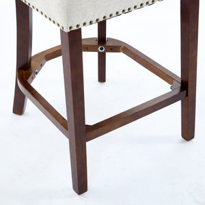 English Elm Mid Century Modern Counter Height Bar Stools Set of 2 with Curved Copper-Stud Back, Foam Spring Cushion, Walnut Legs and Adjustable Balance Studs Beige W1143P296347