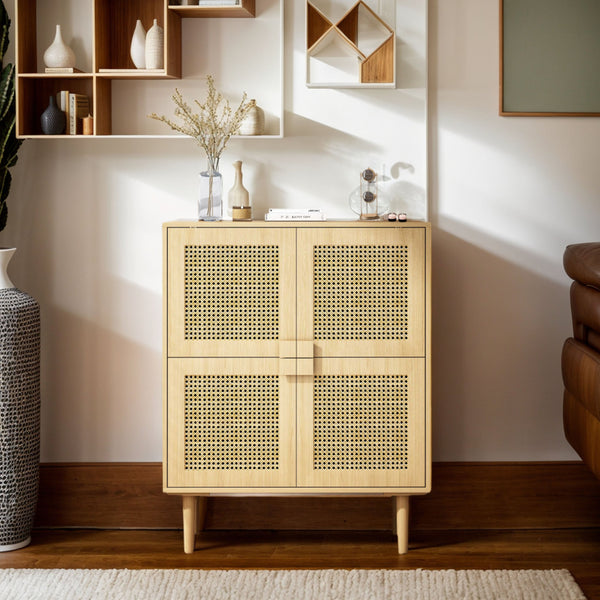 English Elm 4-Doors Rattan Mesh Storage Cabinet with Solid Wood Legs and Adjustable Shelves for Stylish Organization Natural W757P198553
