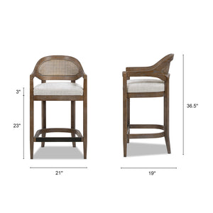 English Elm Jennifer Taylor Home - Americana Mid-Century 26" Cane Back Counter Stool — Handmade Oak Frame, Two-Tone Gray Wool Blend, Brass Footrest B2719P395564