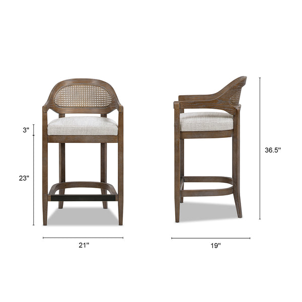 English Elm Jennifer Taylor Home - Americana Mid-Century 26" Cane Back Counter Stool — Handmade Oak Frame, Two-Tone Gray Wool Blend, Brass Footrest B2719P395564