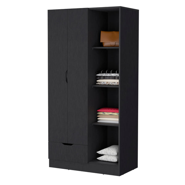 English Elm Redmond Black Armoire with Drawer, 4 Adjustable Shelves & Hanging Rod – Space-Saving Storage Solution B128S00124