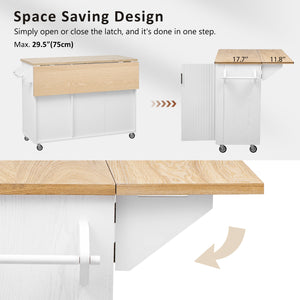English Elm K&K 51" Fluted Kitchen Island with Waveform Panels, Drop Leaf, Rolling Cart with Towel Rack and Storage White N707P221446W