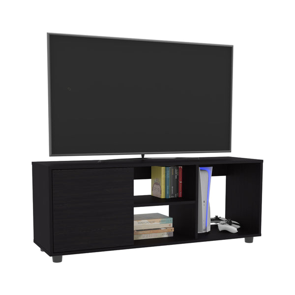 English Elm Tv Stand with Three Open Shelves for Media Storage and Decor, Slim Profile, Eco-Friendly Engineered Wood Black 52.76 L x 20.47 W x 4.72 H B097P296850