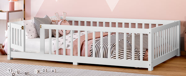 English Elm Full Floor Bed with Safety Guardrails and Play Door for Kids, Low Profile Pine Frame, 550lb Capacity White W1580P338950