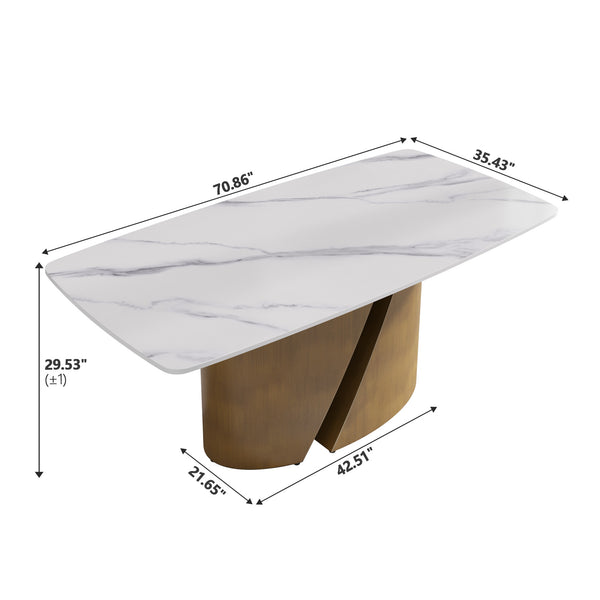 English Elm 70.86" Modern Dining Table With Curved White Sintered Stone Top & Bronze Iron Legs For 6-8 People W1535S00361