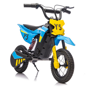 English Elm 24v 250w Kids Off-road Electric Motorcycle with Led Lights Bluetooth and Rear Suspension Blue W1578P203980