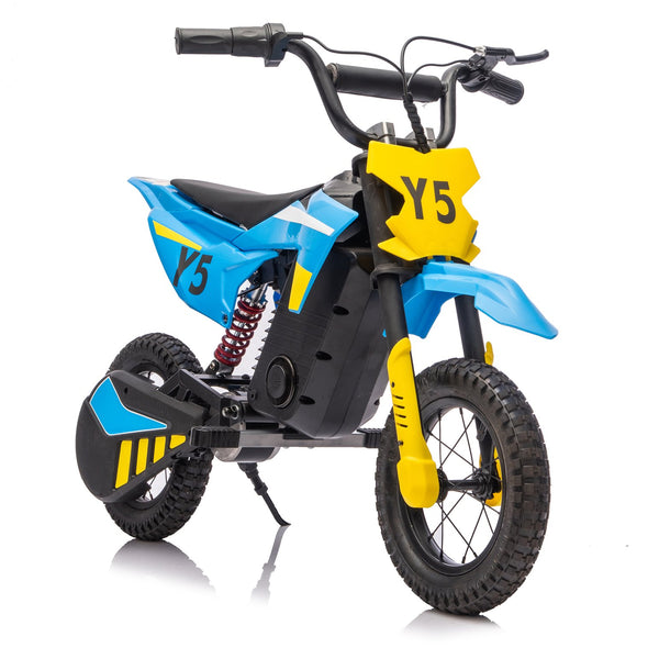 English Elm 24v 250w Kids Off-road Electric Motorcycle with Led Lights Bluetooth and Rear Suspension Blue W1578P203980