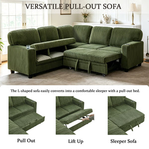 English Elm L-shaped Sectional Sleeper Sofa with Hidden Storage Usb Charging Corduroy Upholstery Olive Green W1998S00095