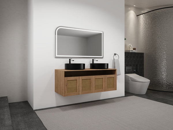 English Elm 48" Modern Wall-Mounted Bathroom Vanity With Black Ceramic Art Sink & Soft-Close Doors, Plywood W999S00400