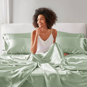 English Elm 4 Luxury Satin Twin Sheet Set - 100% Polyester, Soft Smooth 90g Finish, Deep Pocket Fit & Breathable Comfort Sage 11.81 L x 9.84 W x 3.15 H B035P319699