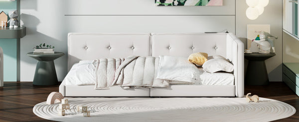 English Elm Upholstered Full Platform Bed with USB Ports and LED Accent, Linen Upholstery, Sturdy 600lb Capacity Beige GX000556AAA