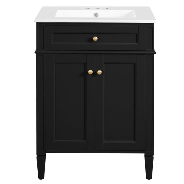 English Elm 24" Bathroom Vanity with Ceramic Basin, French-Inspired Accent Carvings, Soft-Close Doors & Storage Black N710P293309B