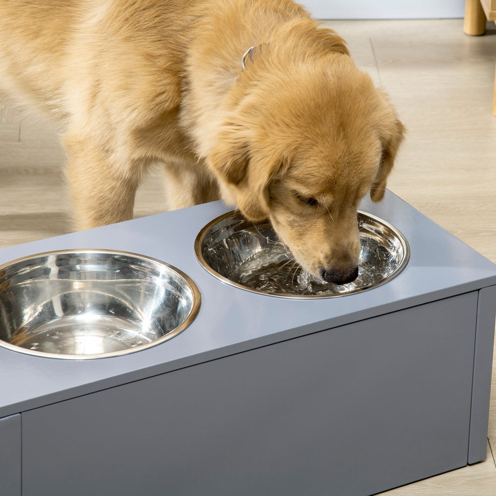 English Elm PawHut Elevated Dog Bowls with Hidden Storage Drawer, 2 Stainless Steel Bowls, Gray, Medium W2225P200774