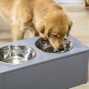 English Elm PawHut Elevated Dog Bowls with Hidden Storage Drawer, 2 Stainless Steel Bowls, Gray, Medium W2225P200774