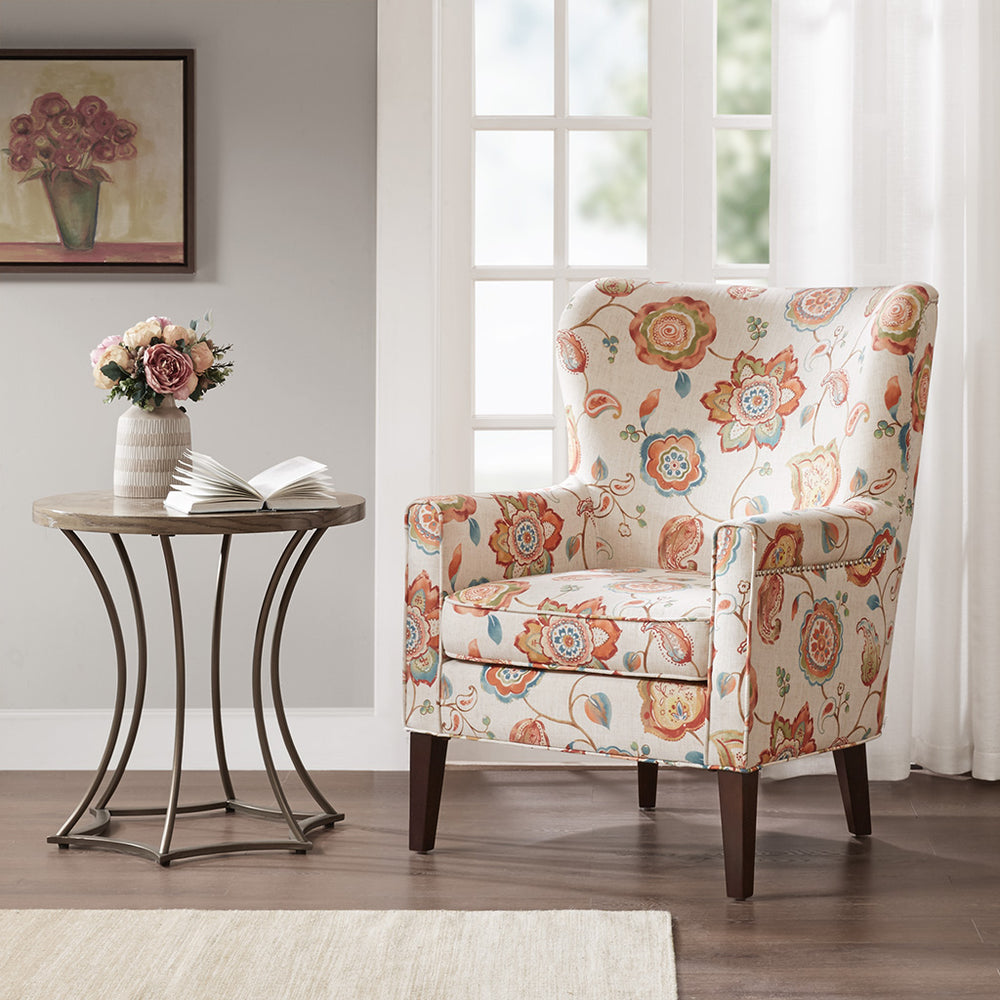 JLA Home Madison Park - Accent Chair High-Back with Cream Printed Upholstery, Silver Nailhead Trim & Moroccan Wood Legs — Luxe Comfort MP100-0465