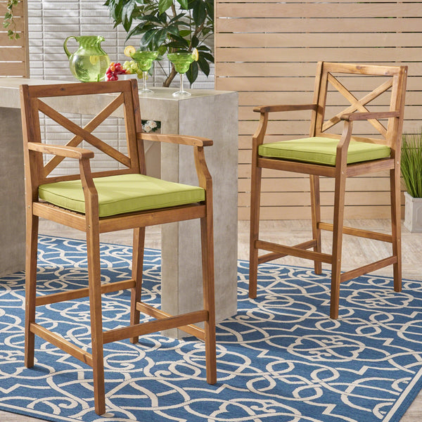 English Elm Christopher Knight Home® - PERLA Acacia Wood Outdoor Barstool Set of 2 with Water-Resistant Cushions, Cross-Back Farmhouse Charm Green 63748.00GRN