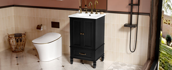 English Elm 20" Bathroom Vanity with Sink Modern MDF Cabinet with Ceramic Top, Drawer, Magnetic Door Stopper Black N725P195132B