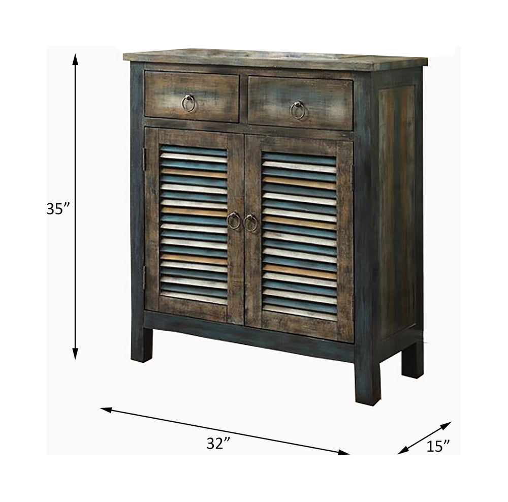 English Elm Glancio Antique Oak & Teal Console Cabinet with 2 Drawers, Shutter Doors, Bronze Pulls, Rustic Charm B2726P251800